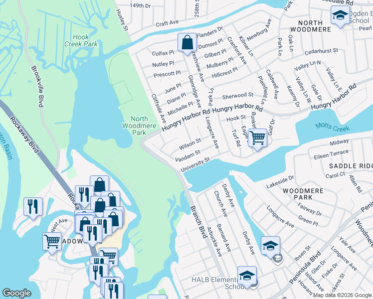 map of restaurants, bars, coffee shops, grocery stores, and more near 730 Wilson Street in Valley Stream