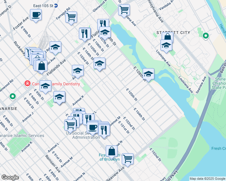 map of restaurants, bars, coffee shops, grocery stores, and more near 1143 East 103rd Street in Brooklyn