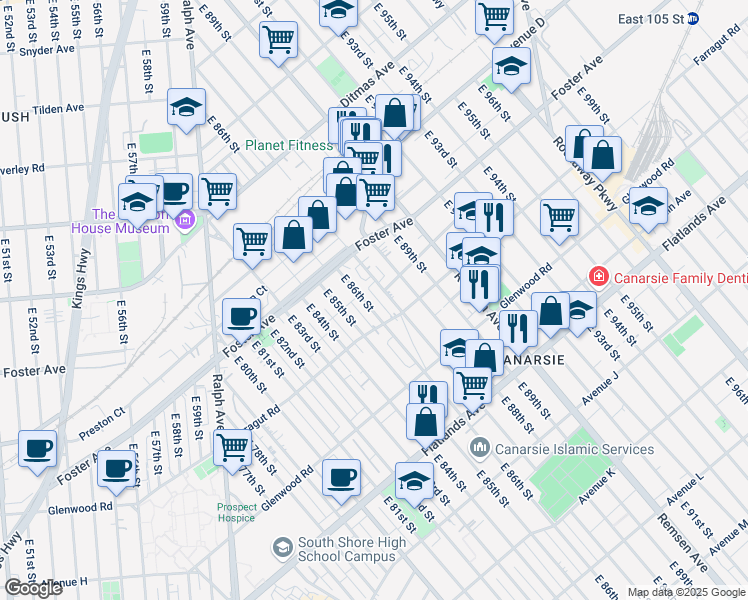 map of restaurants, bars, coffee shops, grocery stores, and more near 574 East 87th Street in Brooklyn