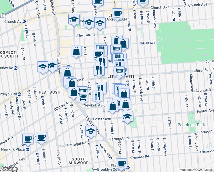 map of restaurants, bars, coffee shops, grocery stores, and more near 1119 Rogers Avenue in Brooklyn