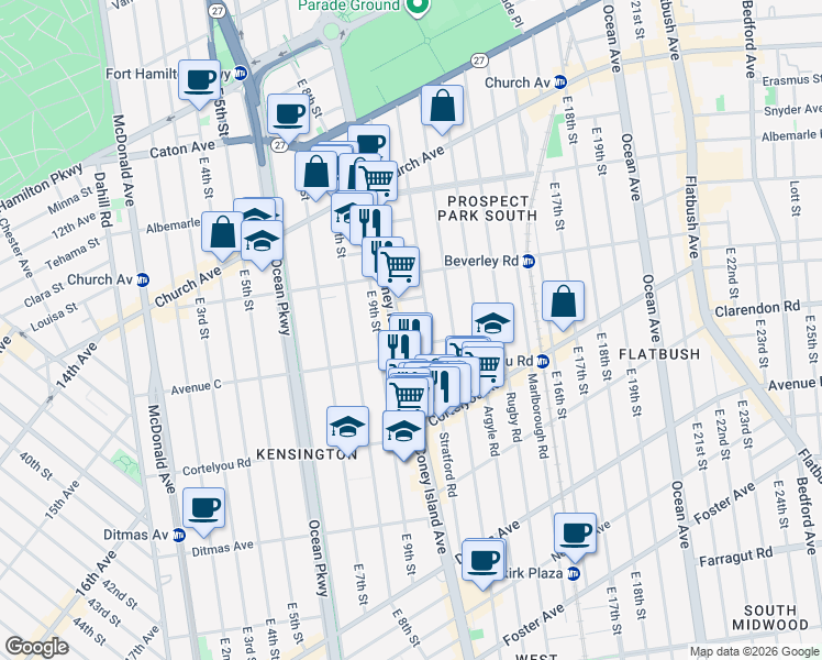 map of restaurants, bars, coffee shops, grocery stores, and more near 5 Matthews Court in Brooklyn