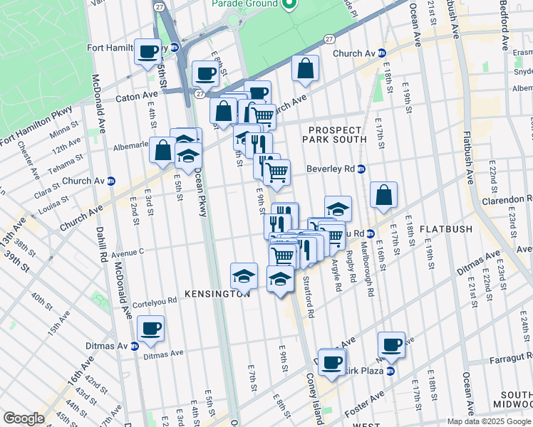 map of restaurants, bars, coffee shops, grocery stores, and more near 5 Matthews Court in Brooklyn