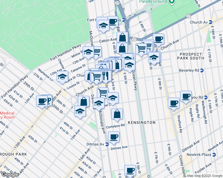 map of restaurants, bars, coffee shops, grocery stores, and more near 389 East 3rd Street in Brooklyn