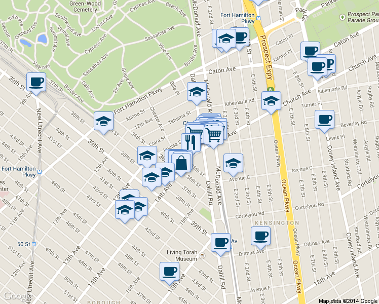 map of restaurants, bars, coffee shops, grocery stores, and more near 25 Story Court in Brooklyn