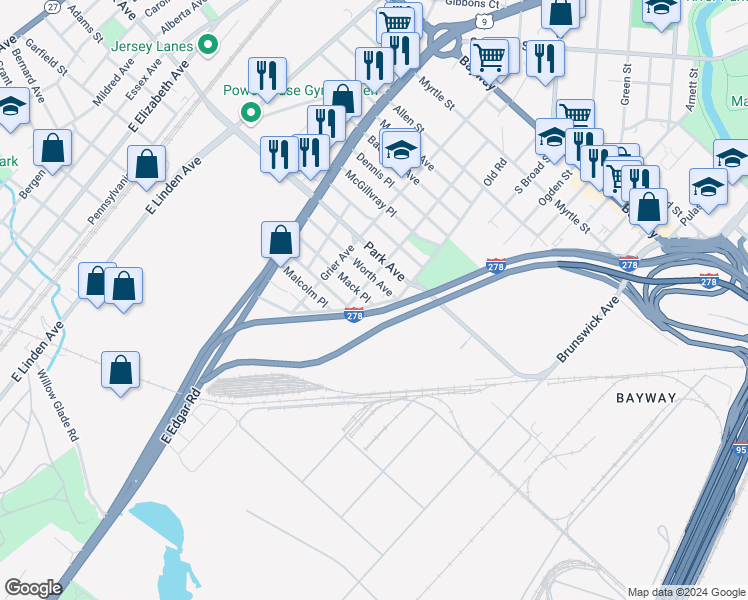 map of restaurants, bars, coffee shops, grocery stores, and more near 1800 Klem Avenue in Linden