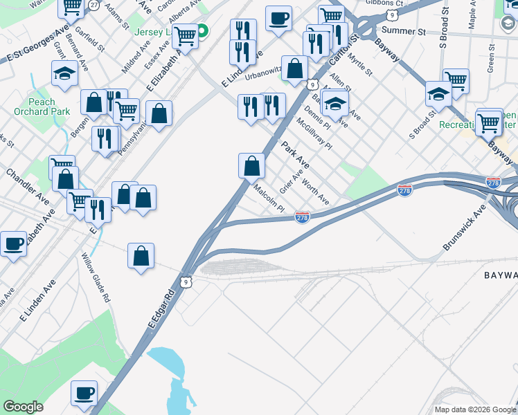 map of restaurants, bars, coffee shops, grocery stores, and more near 709 Louis Avenue in Linden