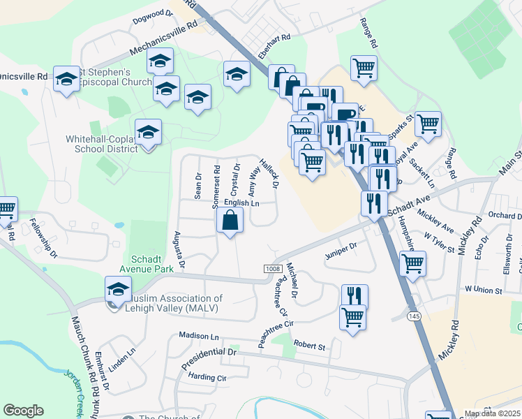 map of restaurants, bars, coffee shops, grocery stores, and more near 2716 English Lane in Lehigh County