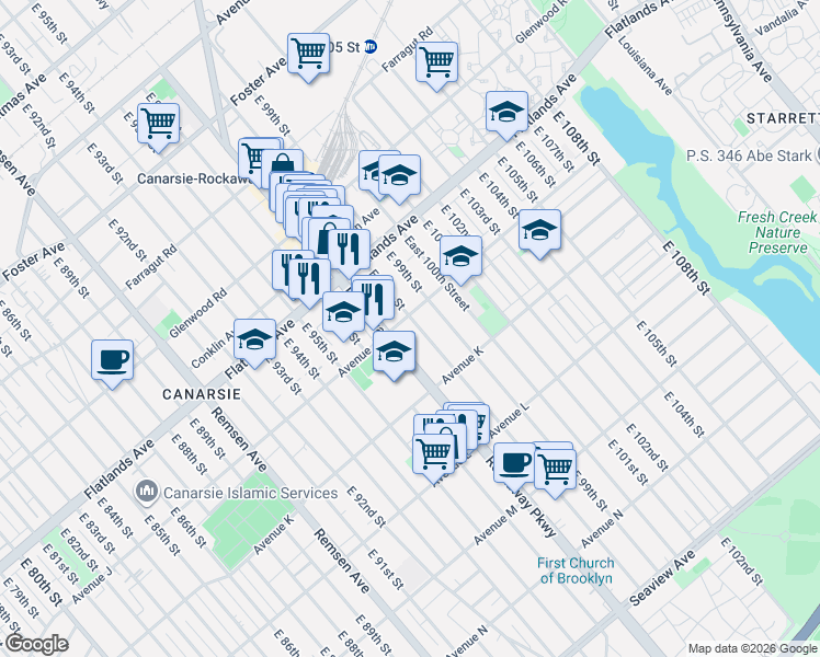 map of restaurants, bars, coffee shops, grocery stores, and more near 1207 East 98th Street in Brooklyn