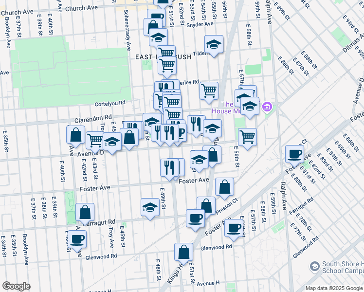 map of restaurants, bars, coffee shops, grocery stores, and more near Avenue D & East 51st Street in Brooklyn