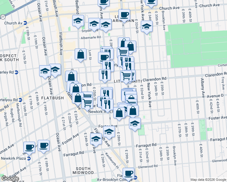 map of restaurants, bars, coffee shops, grocery stores, and more near 1119 Rogers Avenue in Brooklyn