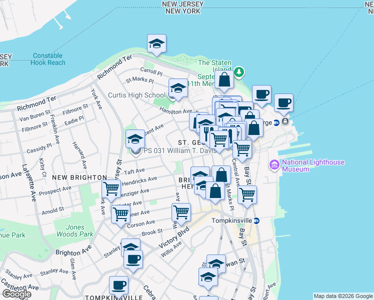 map of restaurants, bars, coffee shops, grocery stores, and more near 115 Fort Hill Circle in Staten Island