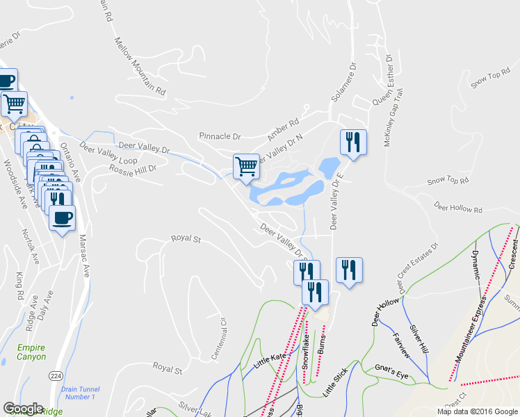 map of restaurants, bars, coffee shops, grocery stores, and more near 1521 Lakeside Dr in Park City