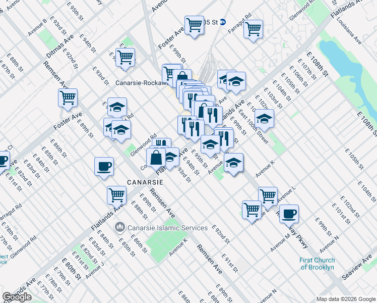 map of restaurants, bars, coffee shops, grocery stores, and more near 9502 Flatlands Avenue in Brooklyn