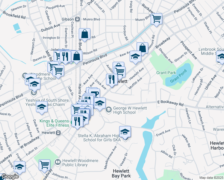 map of restaurants, bars, coffee shops, grocery stores, and more near 1449 Broadway in Hewlett