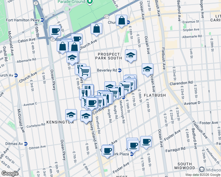 map of restaurants, bars, coffee shops, grocery stores, and more near 279 Argyle Road in Brooklyn