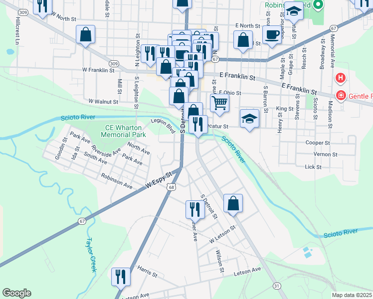 map of restaurants, bars, coffee shops, grocery stores, and more near 414 S Main St in Kenton