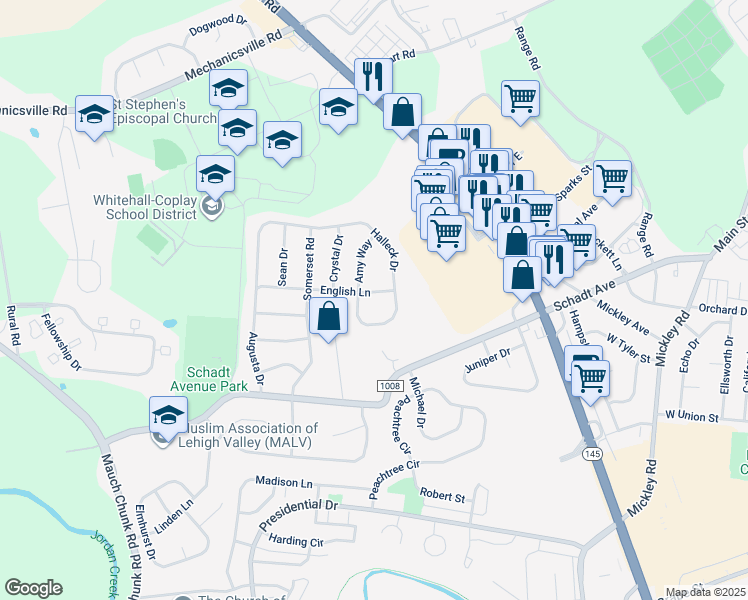 map of restaurants, bars, coffee shops, grocery stores, and more near 2716 English Lane in Lehigh County
