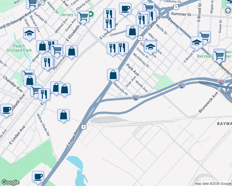 map of restaurants, bars, coffee shops, grocery stores, and more near 709 Louis Avenue in Linden