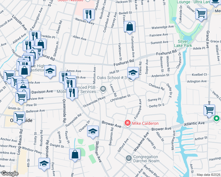 map of restaurants, bars, coffee shops, grocery stores, and more near 2847 Calvin Road in Oceanside