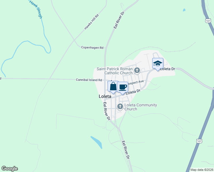 map of restaurants, bars, coffee shops, grocery stores, and more near 645 Montgomery Street in Loleta