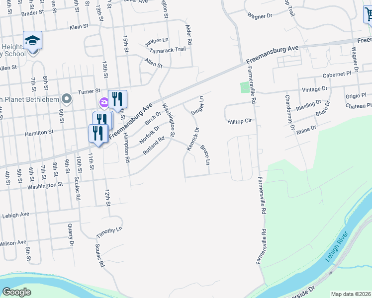 map of restaurants, bars, coffee shops, grocery stores, and more near 3955 Kenrick Drive in Bethlehem
