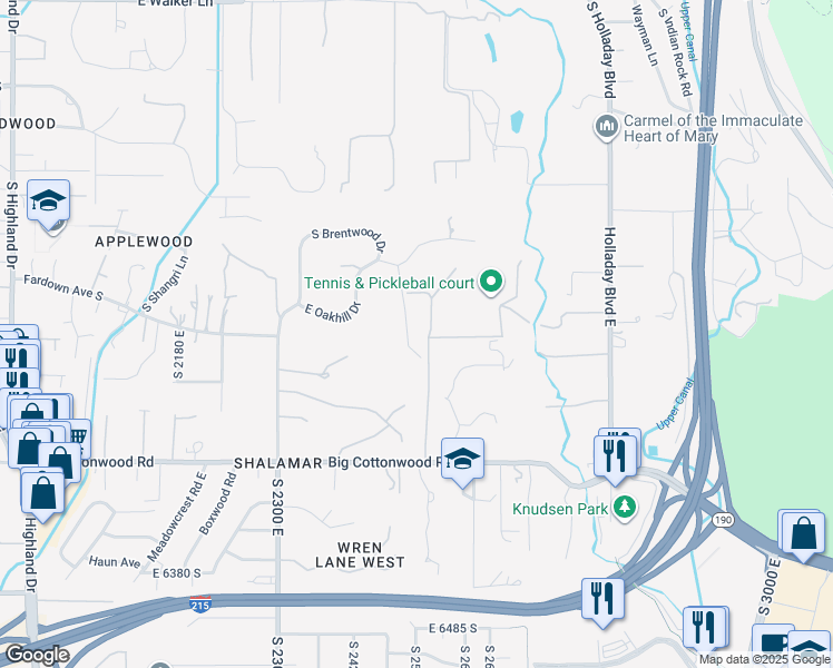map of restaurants, bars, coffee shops, grocery stores, and more near 6003 South Oakhill Drive in Holladay