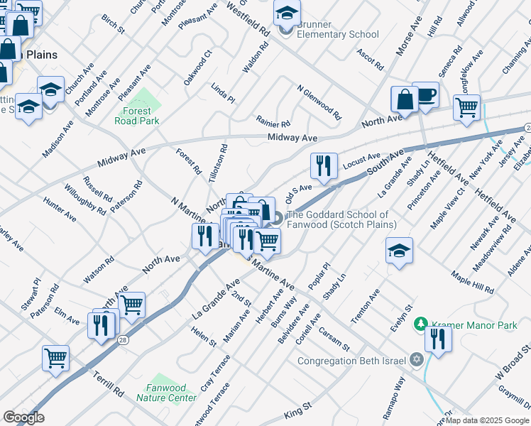 map of restaurants, bars, coffee shops, grocery stores, and more near 313 South Avenue in Fanwood