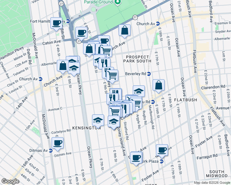 map of restaurants, bars, coffee shops, grocery stores, and more near 5 Matthews Court in Brooklyn