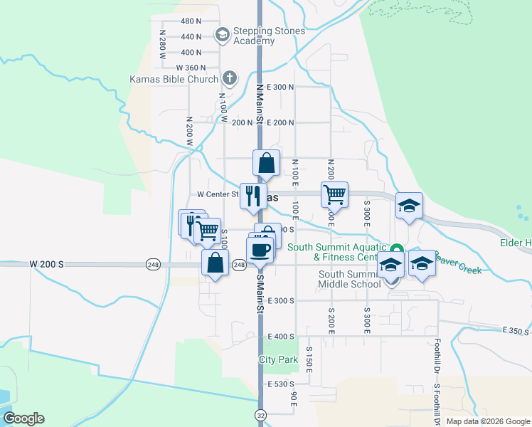 map of restaurants, bars, coffee shops, grocery stores, and more near 55 South Main Street in Kamas