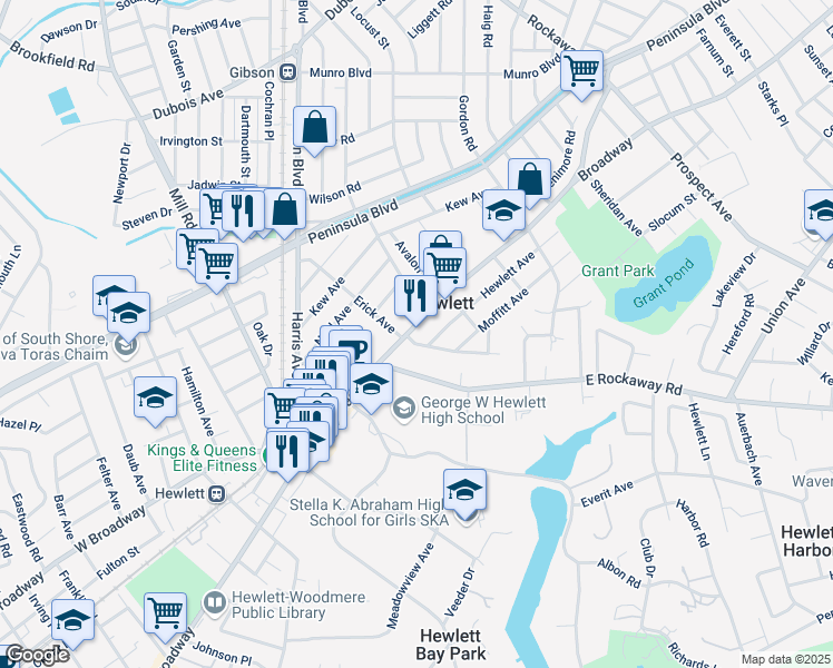map of restaurants, bars, coffee shops, grocery stores, and more near 1449 Broadway in Hewlett
