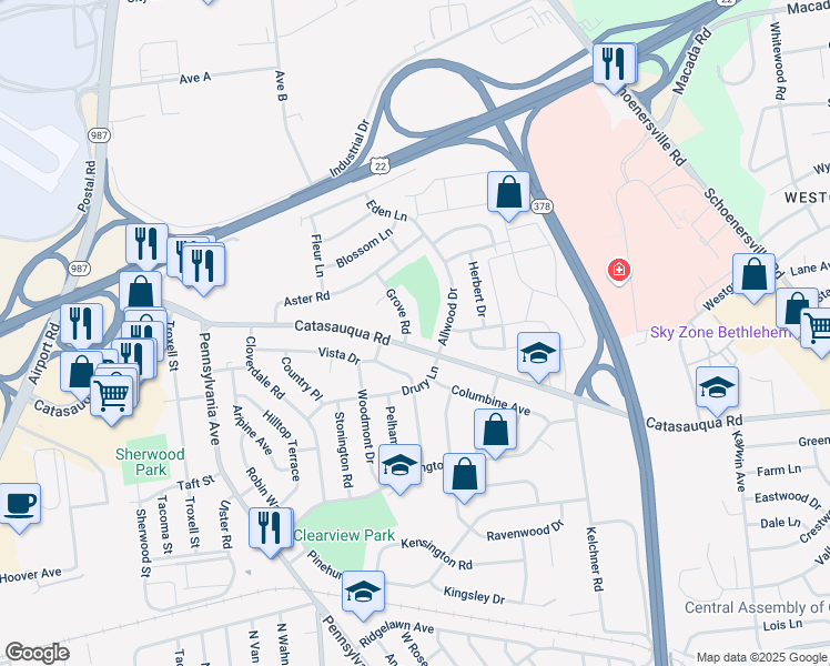 map of restaurants, bars, coffee shops, grocery stores, and more near 2118 Grove Road in Bethlehem