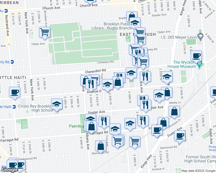 map of restaurants, bars, coffee shops, grocery stores, and more near 776 East 45th Street in Brooklyn