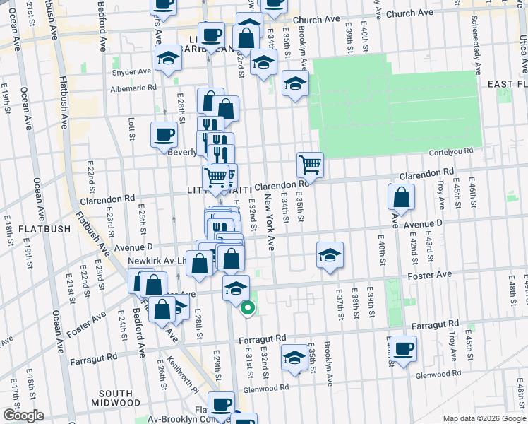 map of restaurants, bars, coffee shops, grocery stores, and more near 1245 New York Avenue in Brooklyn