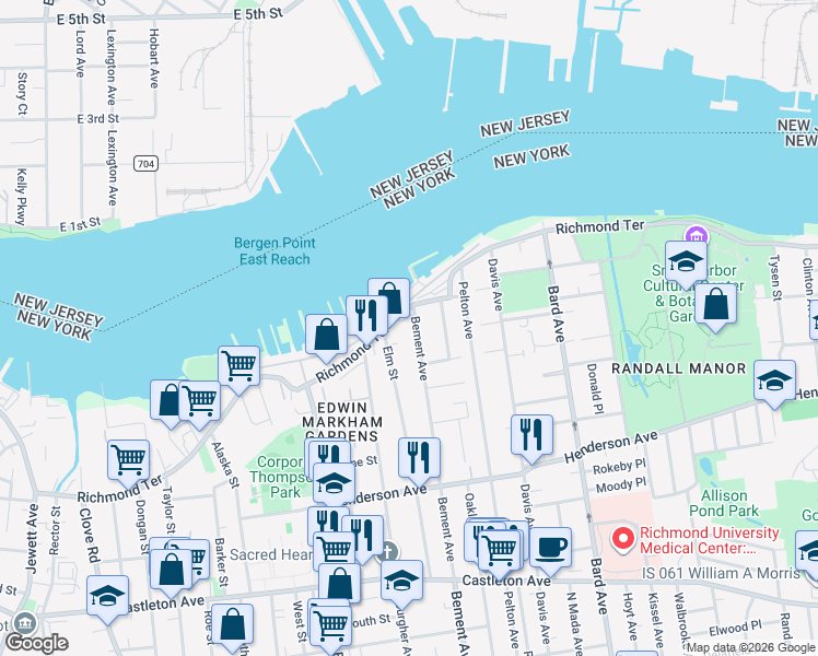 map of restaurants, bars, coffee shops, grocery stores, and more near 15 Bement Avenue in Staten Island