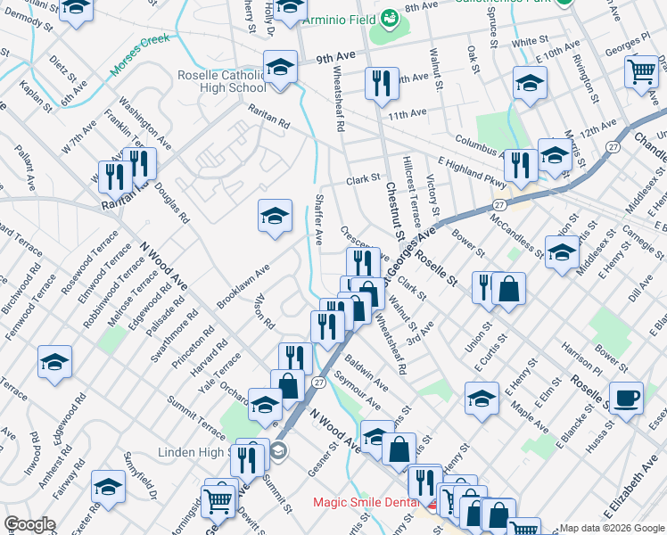 map of restaurants, bars, coffee shops, grocery stores, and more near 249 Audrey Terrace in Roselle