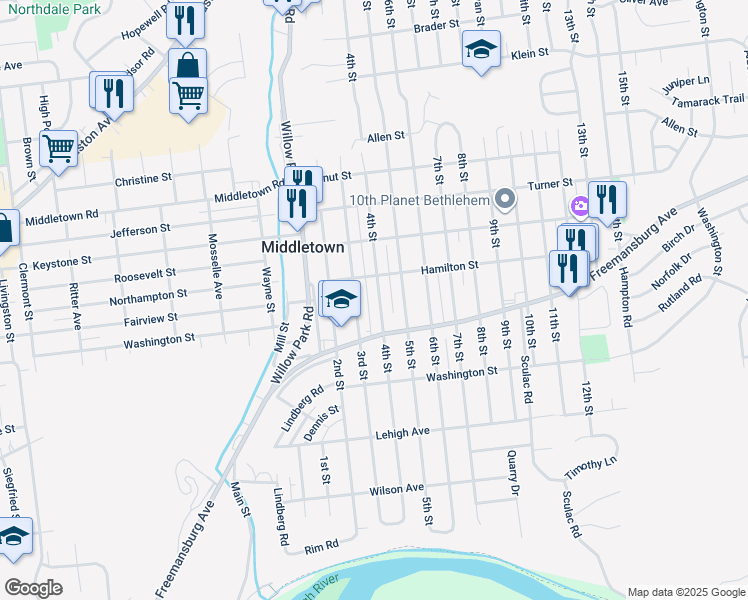 map of restaurants, bars, coffee shops, grocery stores, and more near 1852 3rd Street in Bethlehem