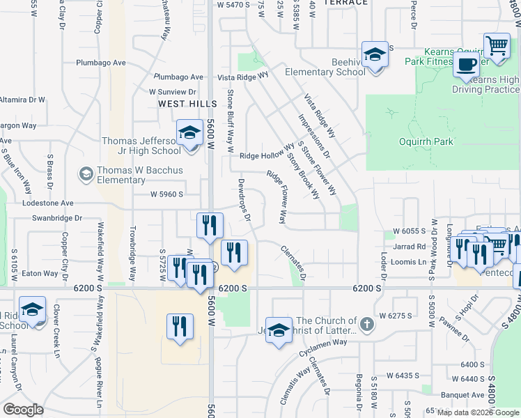 map of restaurants, bars, coffee shops, grocery stores, and more near 5471 Pleasant Ridge Drive in Kearns