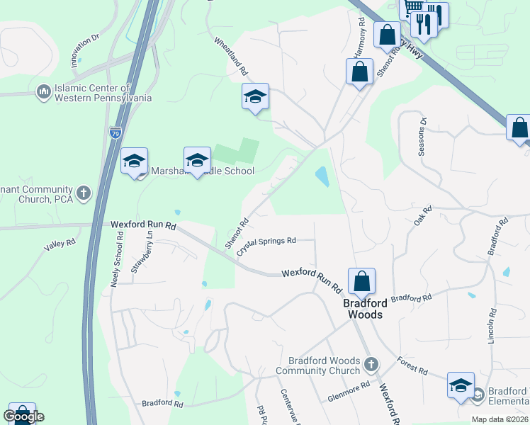 map of restaurants, bars, coffee shops, grocery stores, and more near 190 Shenot Road in Wexford