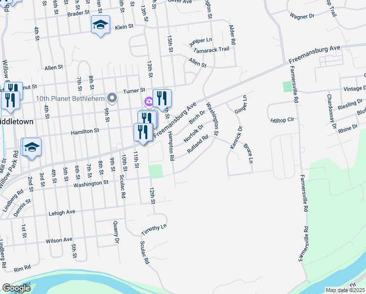 map of restaurants, bars, coffee shops, grocery stores, and more near 3934 Norfolk Drive in Bethlehem