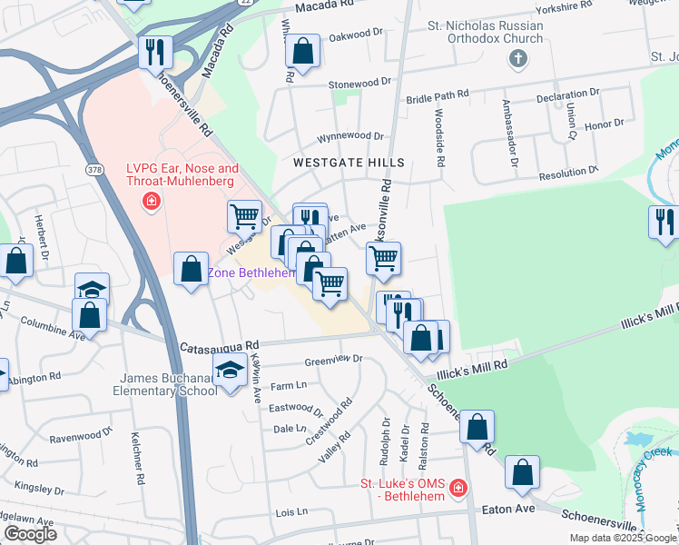 map of restaurants, bars, coffee shops, grocery stores, and more near 2350 Schoenersville Road in Bethlehem