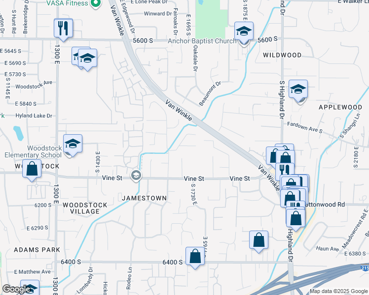 map of restaurants, bars, coffee shops, grocery stores, and more near 1694 Cannes Way in Murray