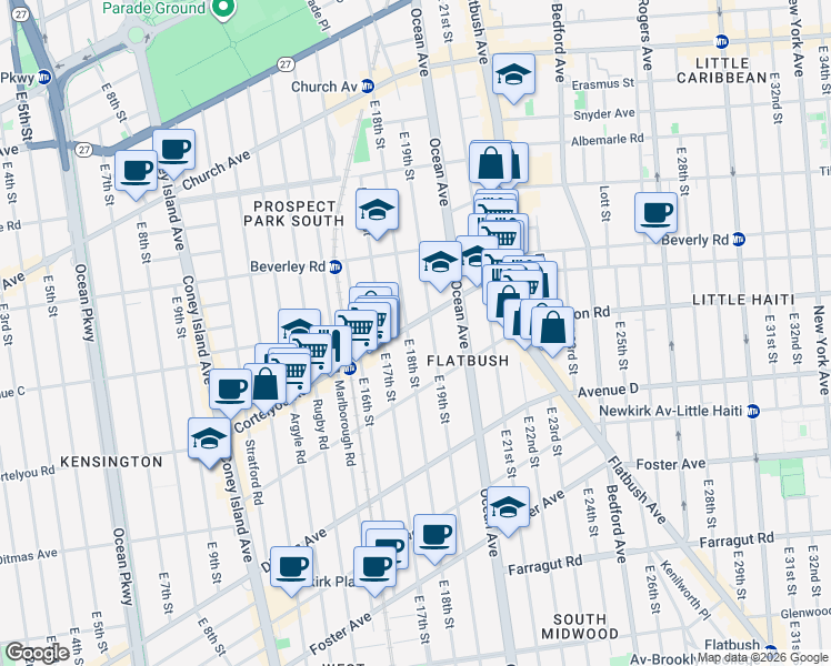 map of restaurants, bars, coffee shops, grocery stores, and more near 1715 Cortelyou Road in Brooklyn