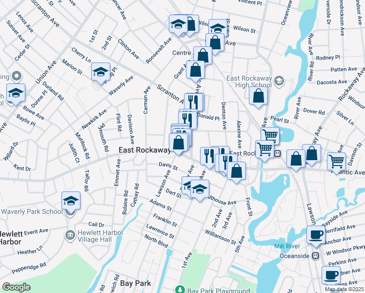 map of restaurants, bars, coffee shops, grocery stores, and more near 144 Main Street in East Rockaway