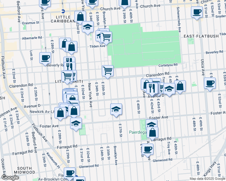map of restaurants, bars, coffee shops, grocery stores, and more near 1259 Brooklyn Avenue in Brooklyn