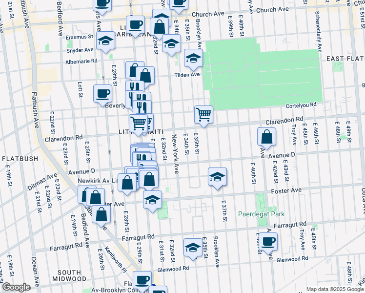 map of restaurants, bars, coffee shops, grocery stores, and more near 1245 New York Avenue in Brooklyn