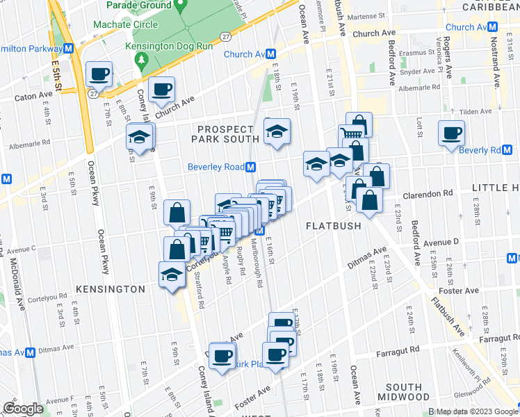 map of restaurants, bars, coffee shops, grocery stores, and more near 333 East 16th Street in Brooklyn