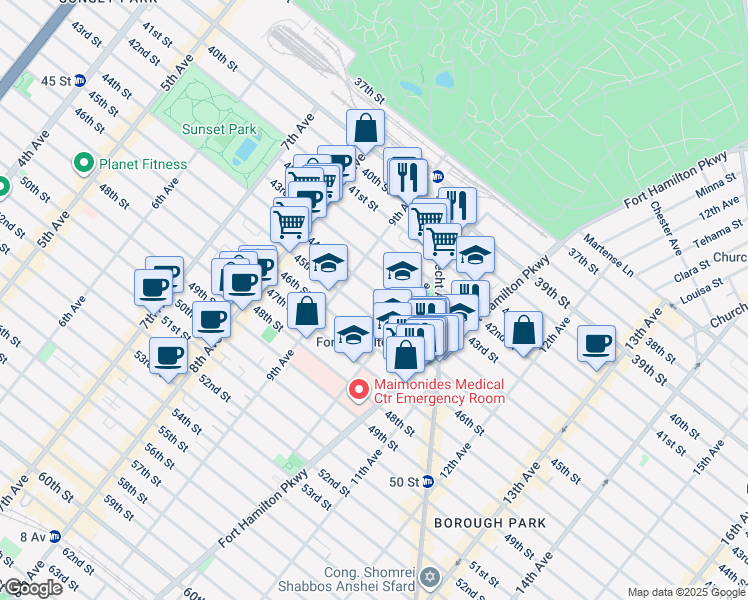 map of restaurants, bars, coffee shops, grocery stores, and more near 953 44th Street in Brooklyn