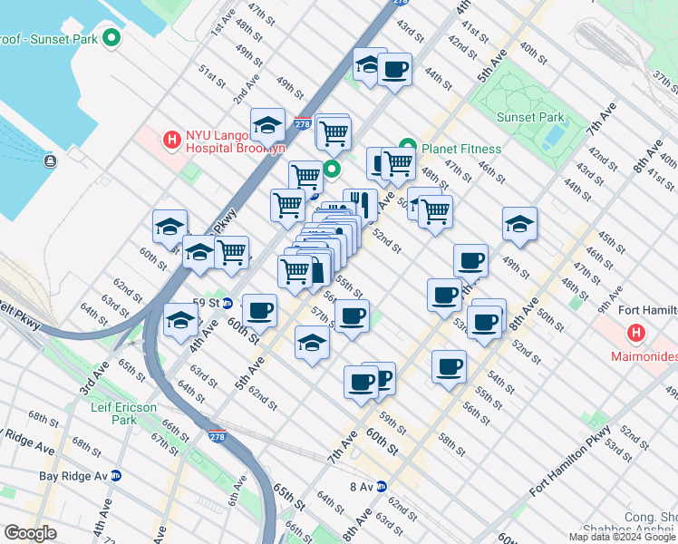 map of restaurants, bars, coffee shops, grocery stores, and more near 5516 5th Avenue in Brooklyn