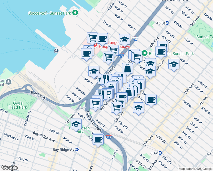 map of restaurants, bars, coffee shops, grocery stores, and more near 330 59th Street in Brooklyn