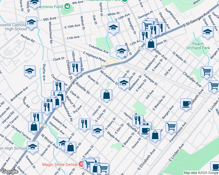 map of restaurants, bars, coffee shops, grocery stores, and more near 711-715 Cleveland Avenue in Linden